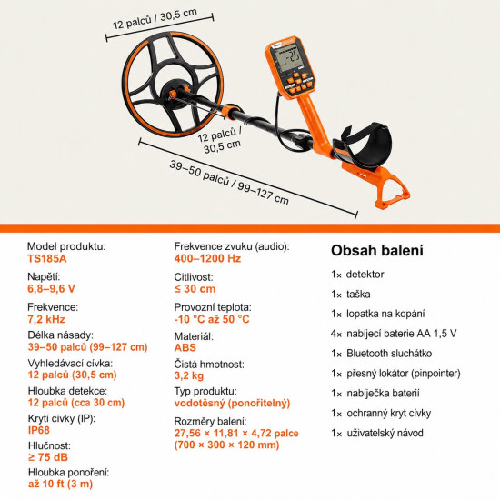 Detektor kovů VEVOR TS185A s 12" cívkou IP68