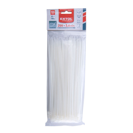 Stahovací pásky bílé 200 x 3.6mm, nylon PA66, 100ks EXTOL PREMIUM