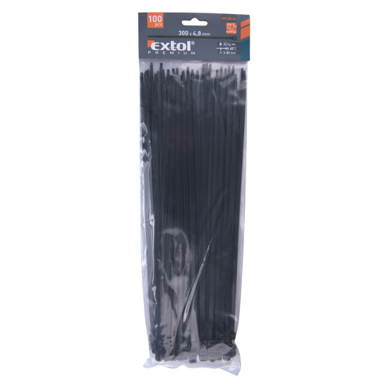 Stahovací pásky černé 300 x 4.8mm, nylon PA66, 100ks EXTOL PREMIUM