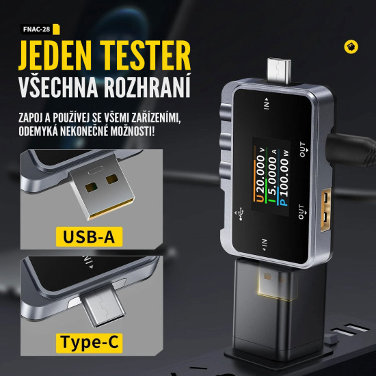 FNIRSI FNAC-28 - USB-A/USB-C 2v1 tester napětí, proudu a rychlého nabíjení