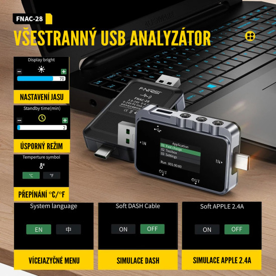 FNIRSI FNAC-28 - USB-A/USB-C 2v1 tester napětí, proudu a rychlého nabíjení