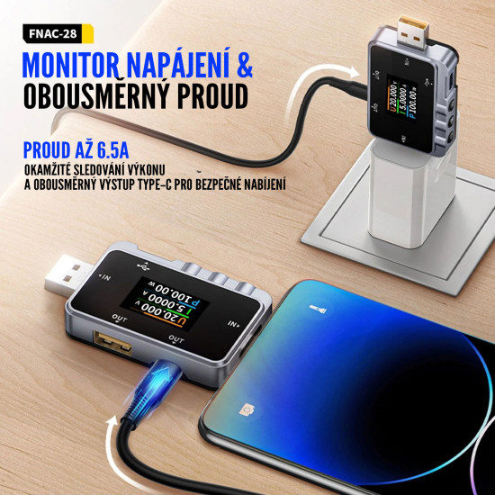 FNIRSI FNAC-28 - USB-A/USB-C 2v1 tester napětí, proudu a rychlého nabíjení