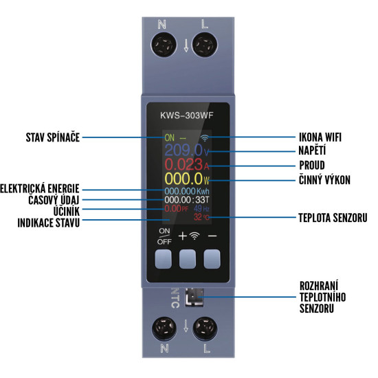 KWS-303WF - Digitální multifunkční DIN voltmetr a ampérmetr s WiFi