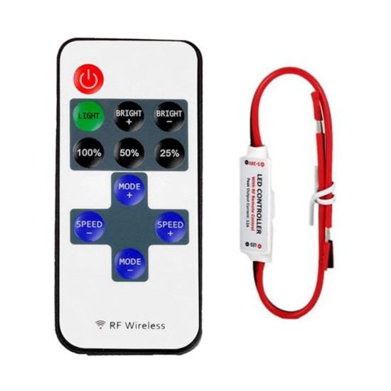 Bezdrátový dálkový ovladač s regulátorem pro LED pásky (RF 433MHz, DC 5–24V, 12A)