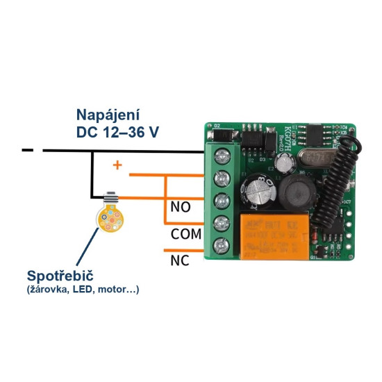 Dálkově ovládané relé KG07H 12V-36V (433MHz, 250VAC/30VDC 3A)