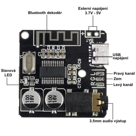 Bluetooth 5.0 audio přijímač XY-BT-MINI USB-C