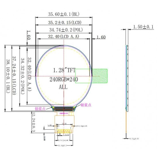 Barevný kulatý displej TFT IPS 1.28" 240x240 GC9A01 SPI