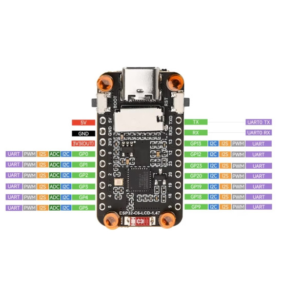 ESP32-C6 vývojová deska s 1.47" TFT LCD, WiFi 6, Bluetooth 5, USB-C