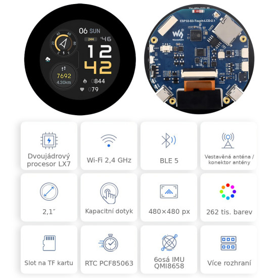 Waveshare ESP32-S3-Touch-LCD-2.1 s kulatým IPS LCD dotykovým displejem