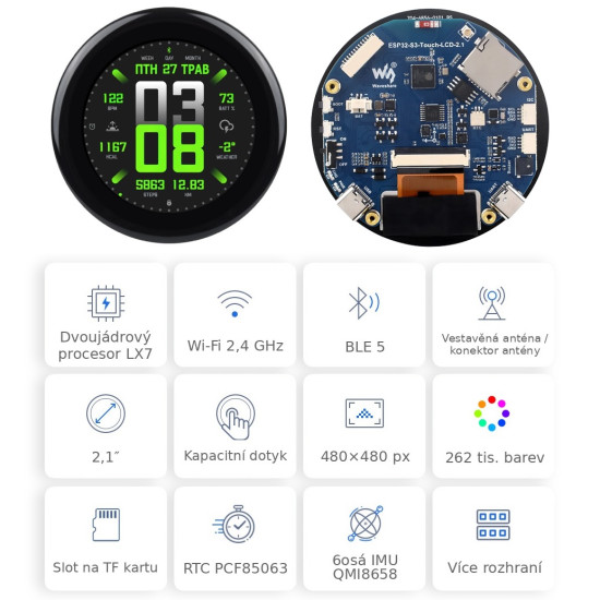Waveshare ESP32-S3-Touch-LCD-2.1B s kulatým zaobleným IPS LCD dotykovým displejem