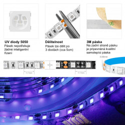 LED pásek UV ultrafialový 1m SMD5050 voděodolný IP65 395-405nm (60led/m, 10W/m, 12V)
