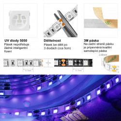 LED pásek UV ultrafialový 1m SMD5050 IP20 395-405nm (60led/m, 10W/m, 12V)