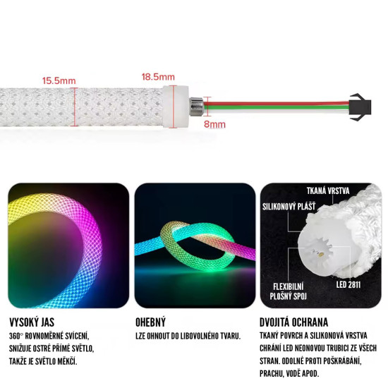 Inteligentní RGB LED pásek opletený 3m WS2812 NeoPixel (50led/m, 14W/m, IP67)