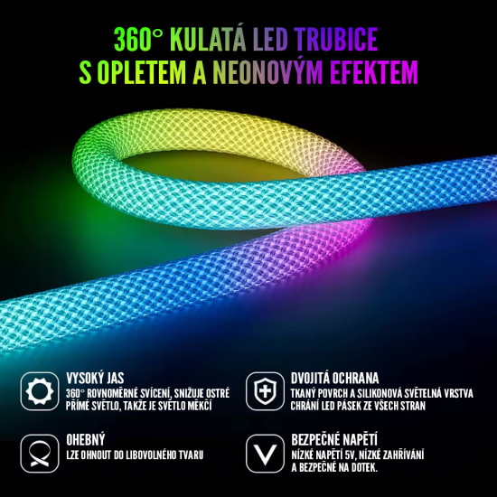 Inteligentní RGB LED pásek opletený 3m WS2812 NeoPixel (50led/m, 14W/m, IP67)