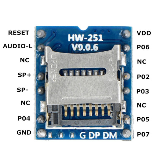 Zvukový modul WTV020-SD-16P s podporou SD karty (MP3/AD4/WAV)