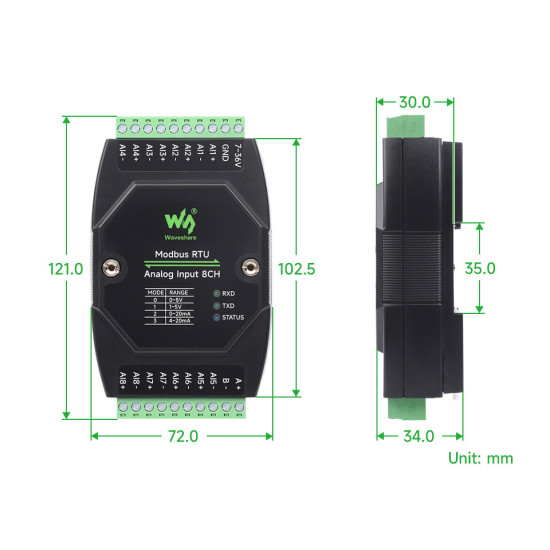 Waveshare Modbus RTU průmyslový analogový vstupní modul 8CH (B) 0-10V