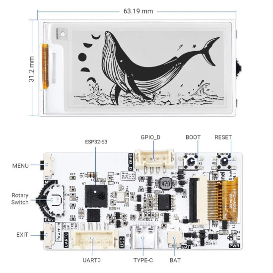 CrowPanel ESP32-S3 E-Paper 2.13", černobílý, 122x250