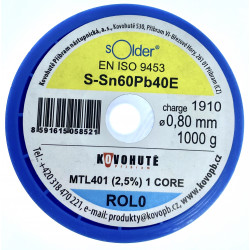 Olovnatá pájka Kovohutě Příbram 0.8mm 1kg (Sn60Pb40)
