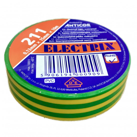 Elektroizolační páska Electrix 211 zelenožlutá (15mm/10m)