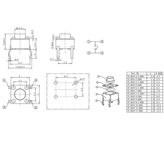 Mikrospínač 6x6x9.5mm TC-6610-9.5-260G