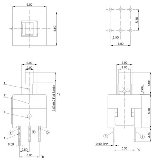 Tlačítkový spínač 8.5x8.5mm G-Switch PB-22E86C (2-pólový přepínací)